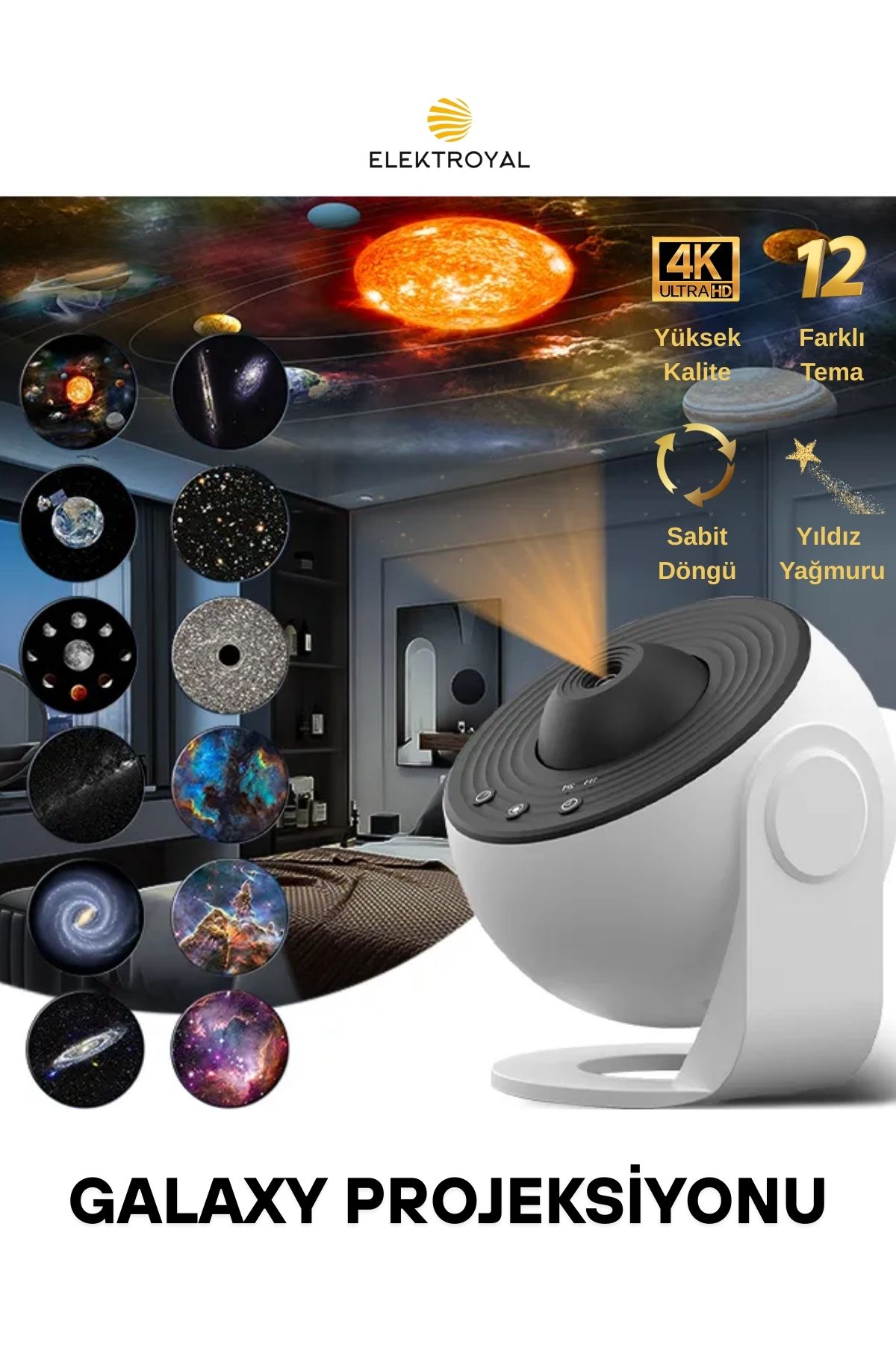 howear 4K HD Galaxy Projeksiyon 12 Farklı Tema Döngü Seçenekli Işık Projeksiyonu Planetarium Projektör