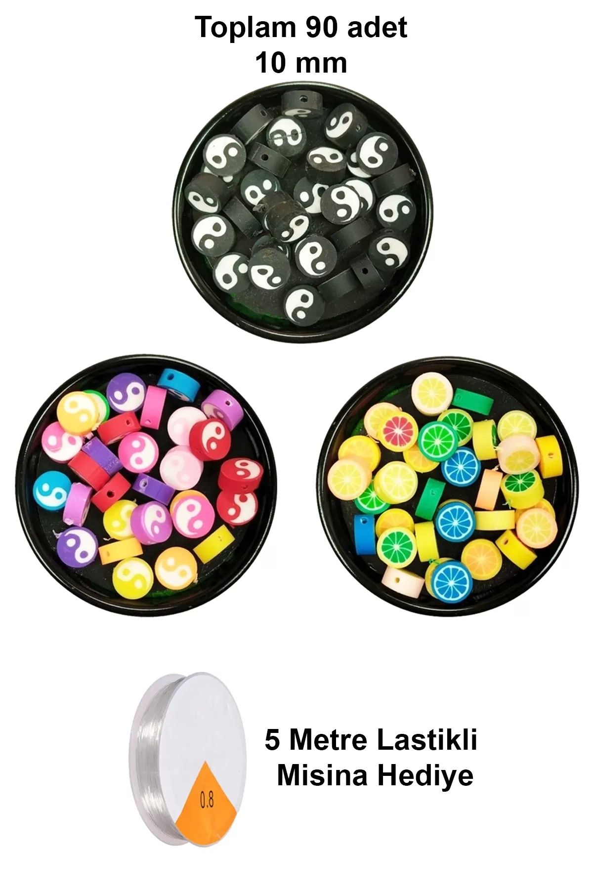 PRATİKOBA 90 Adet 10 mm Polimer Kil Fimo Boncuk Takı Bileklik + 5 Metre Misina Hediye - Yin Yang - Yin Yang -
