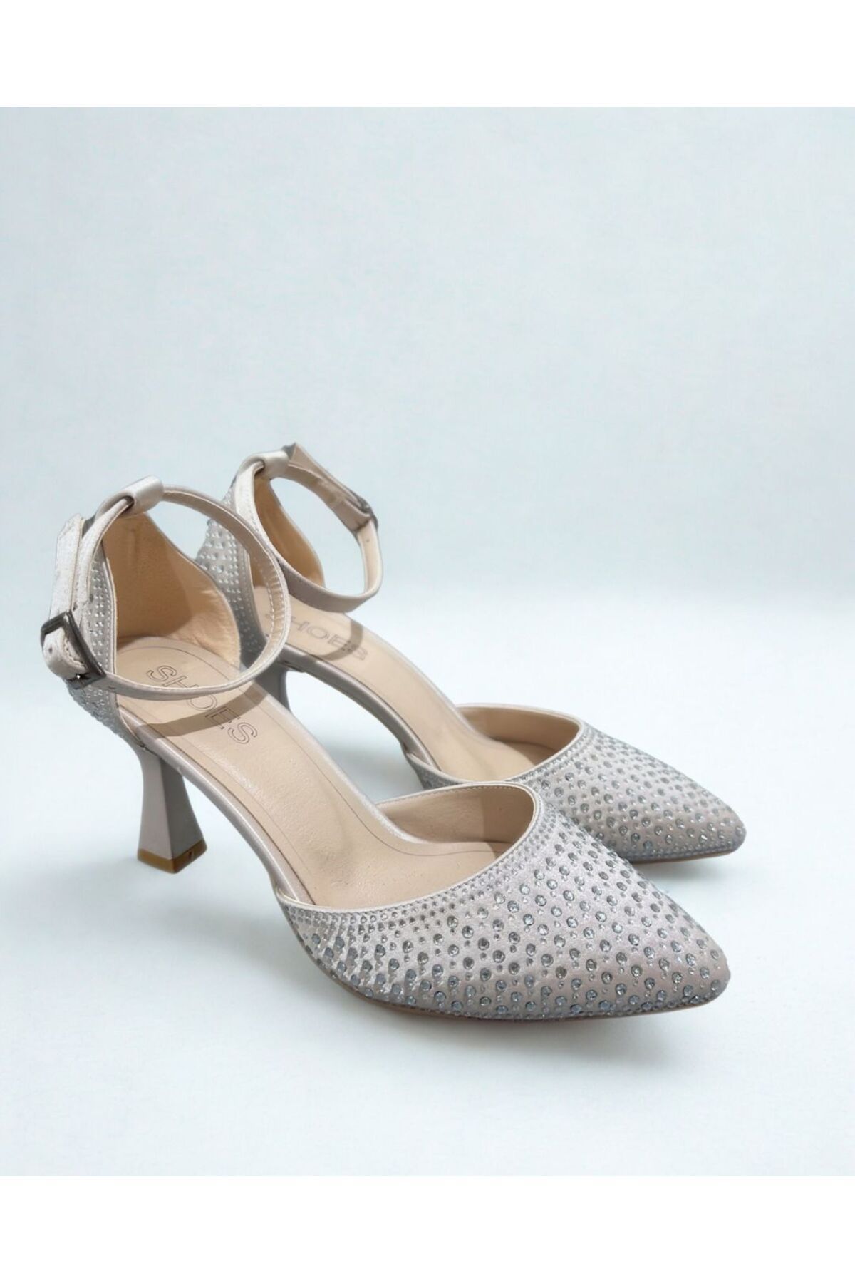 LINASHOES07 Bej Taşlı Topuklu Stiletto Bilekten Kemerli Parlak Taşlı Düğün Ayakkabısı