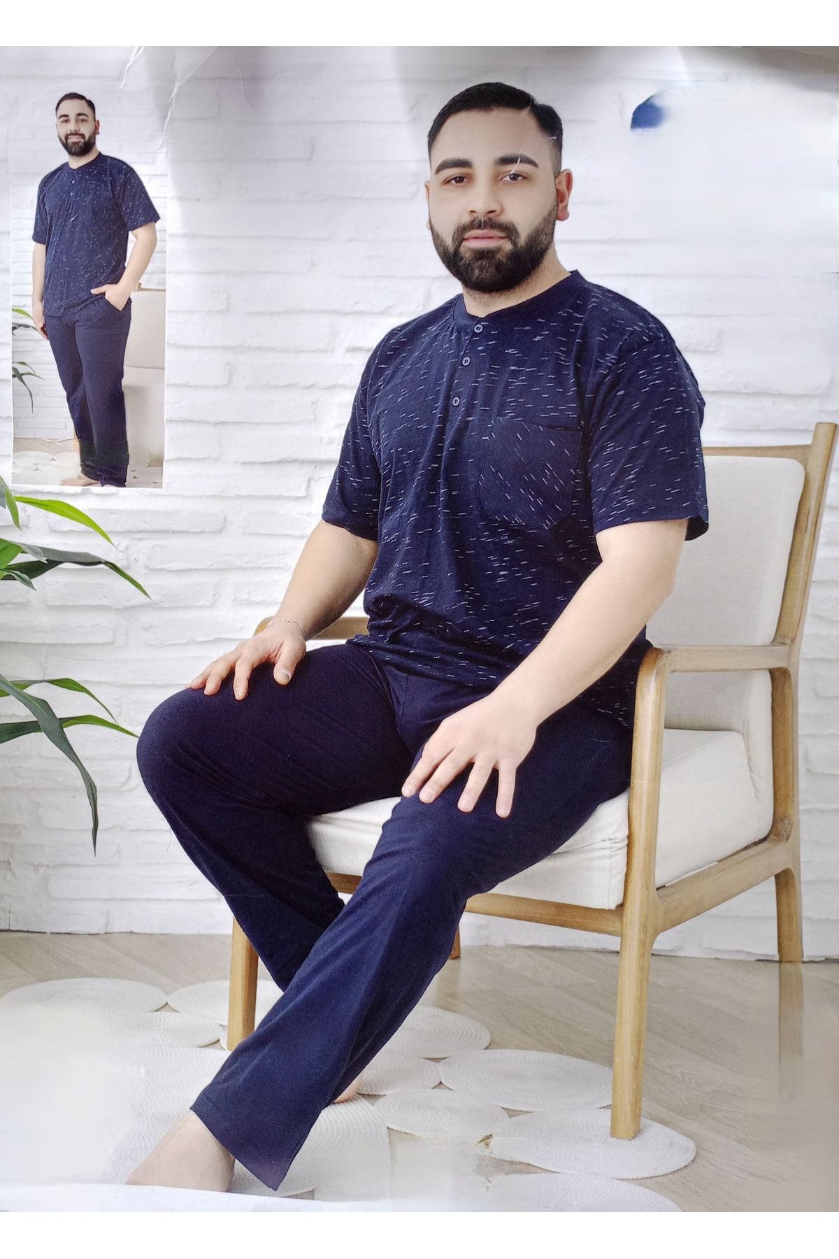 Sude Erkek Lacivert Battal Cepli Penye Pijama Takımı
