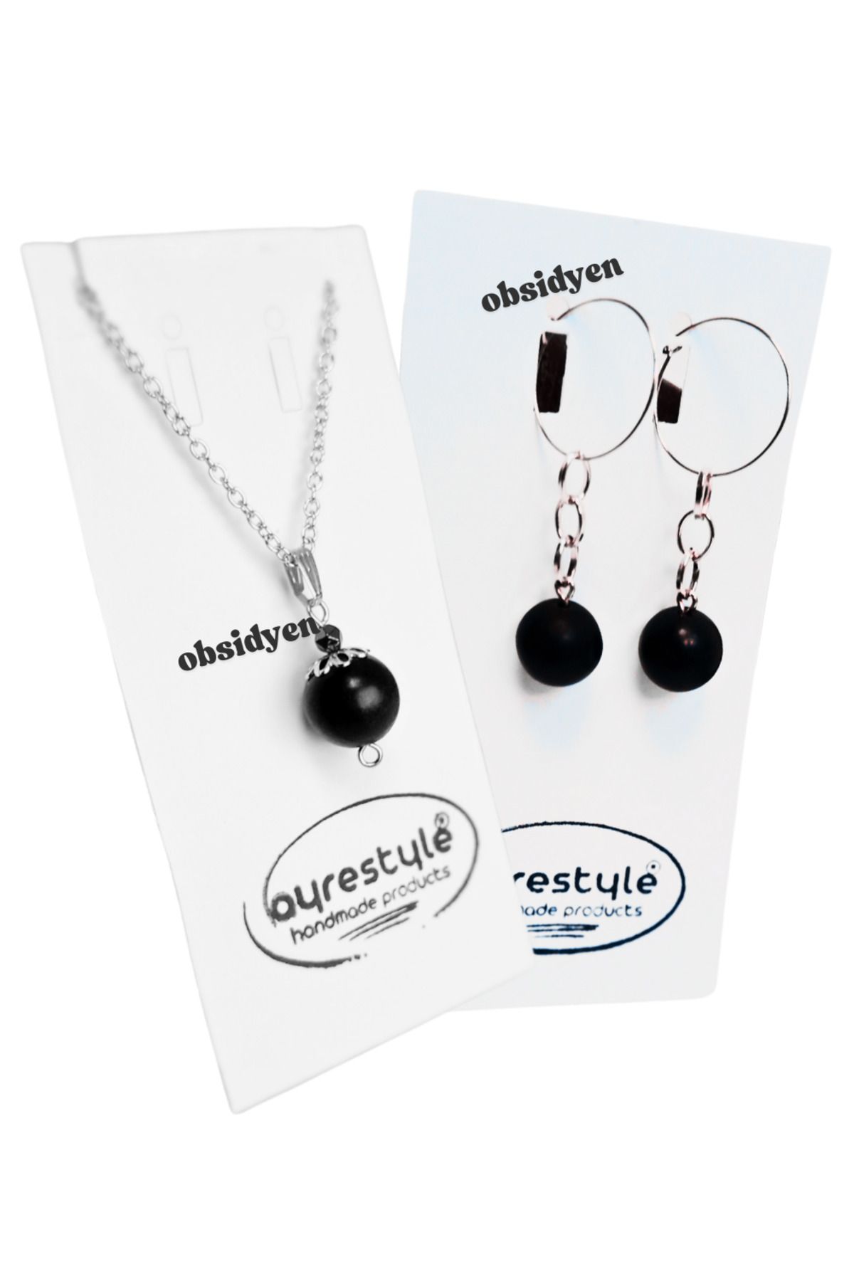 ayrestyle Doğal Mat Obsidyen Taşlı Kolye ve Küpe Seti – Modern, Şık ve Doğal Tasarım-Gümüş Renk