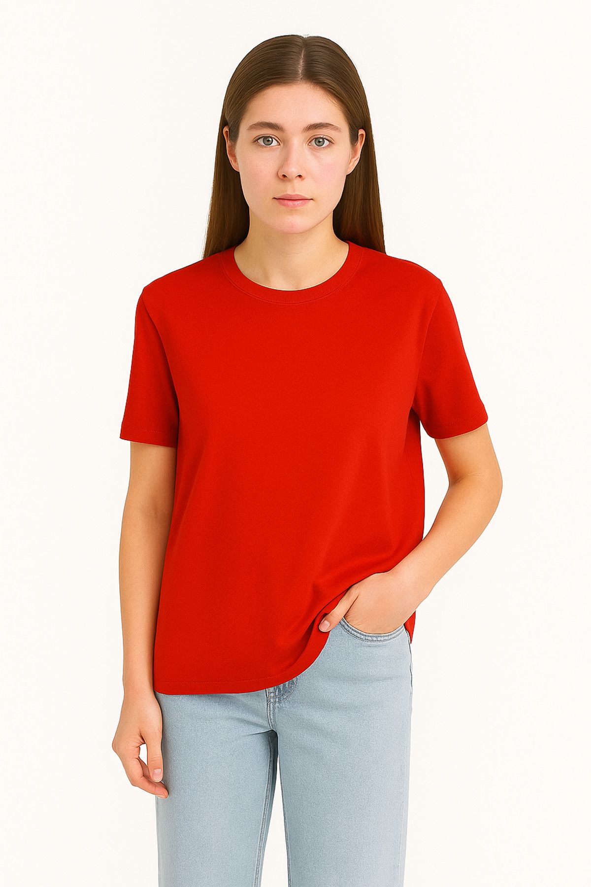 EydaMoon Kadın Regular Likralı Süprem %100 Pamuk Kumaş Bisiklet Yaka Basic T-shirt