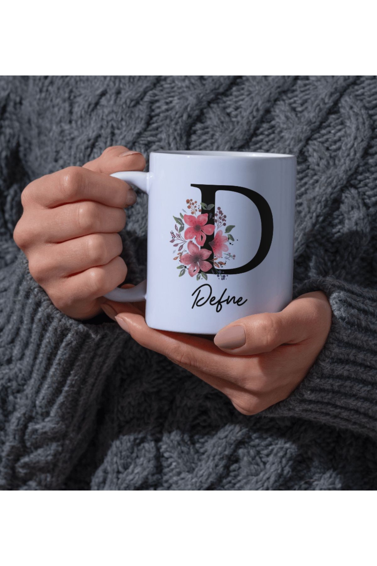 DEARMUG Kupa Bardak Kırmızı Çiçekli Kişiye Özel D Harfli İsimli Beyaz Kupa Bardak Kahve Hediye Seti