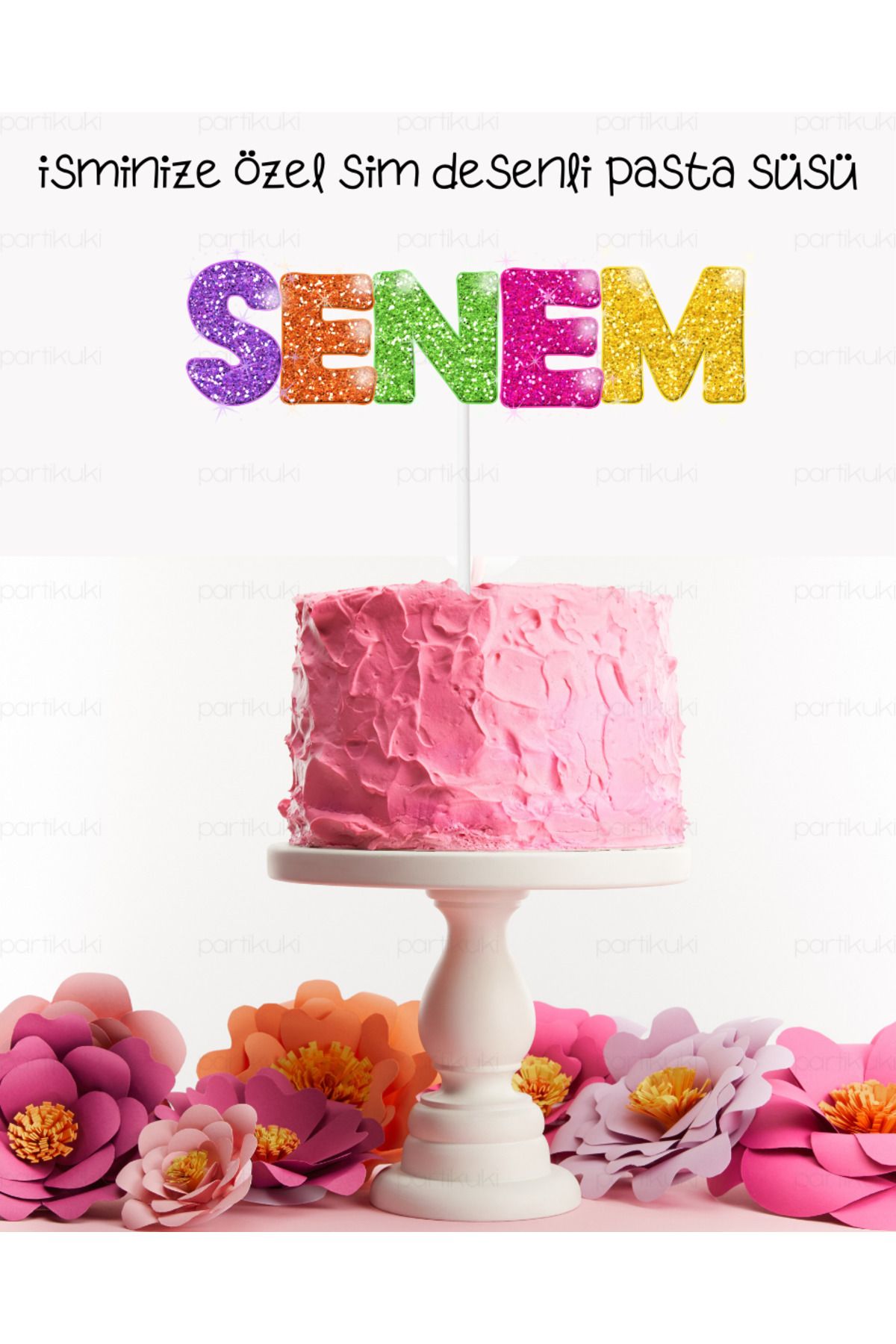 partikuki İsminize Özel Renkli Sim Desenli Parti Doğum Günü Pasta Süsü