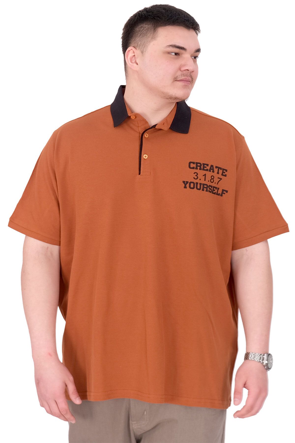 ModeXL Mode XL Büyük Beden Erkek T-Shirt Polo Yaka YOURSELF U25310 Tarçın