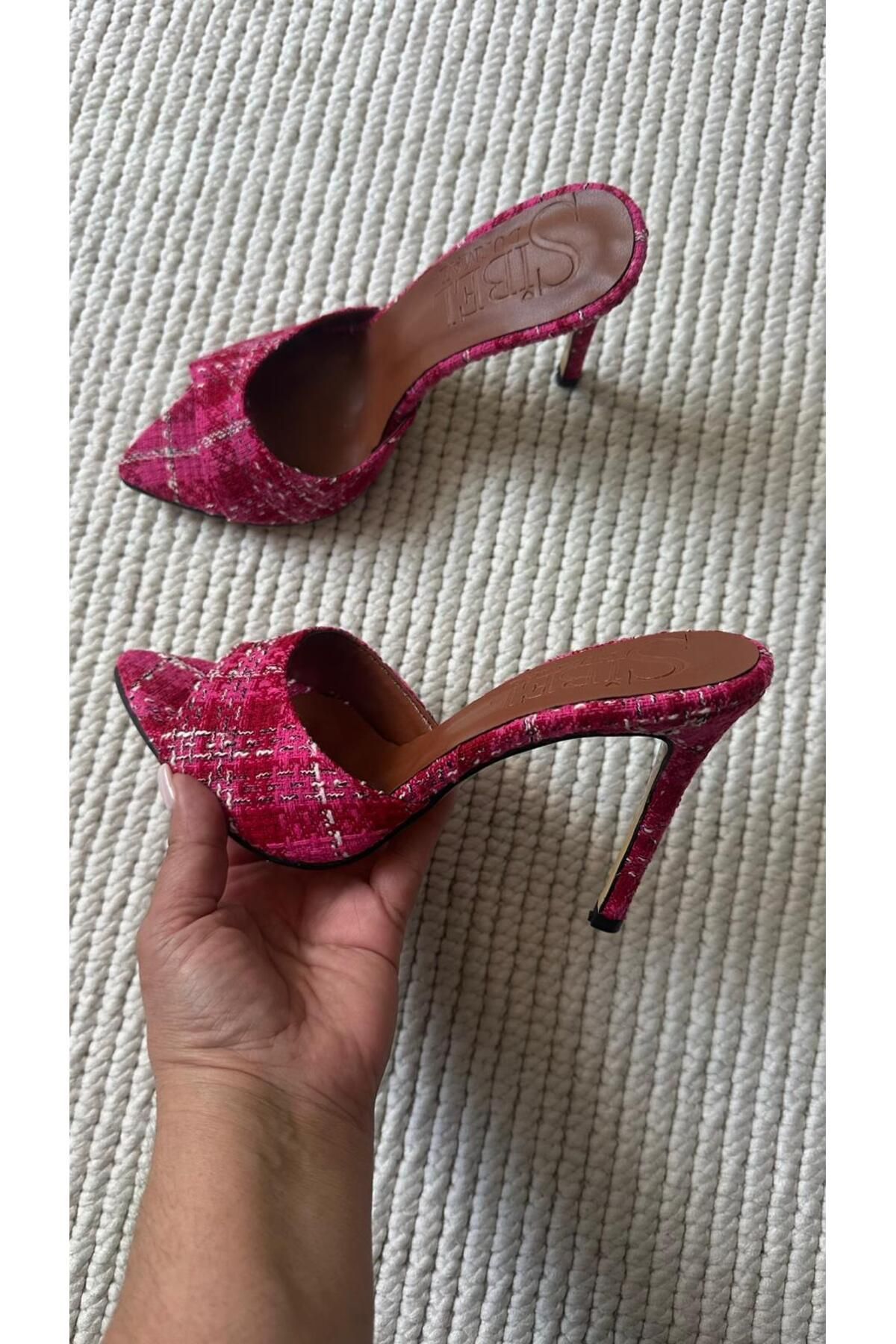 Sibel Shoes Olympos Pembe Tüvit Kumaş İnce Topuk Terlik