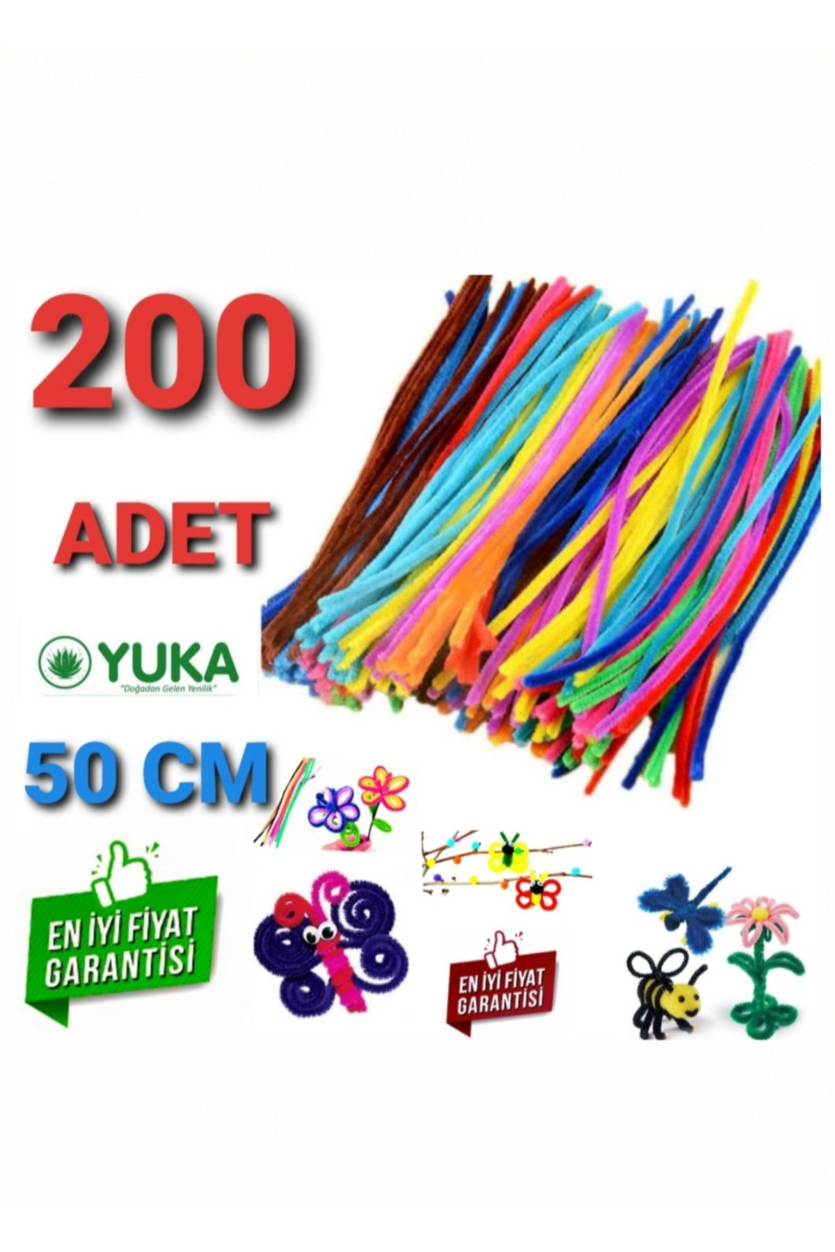 Yuka 200 Adet, Şönil, 50 Cm, Tüylü Tel, Eğitici Şönil Seti, Renkli Tel UZUN ŞÖNİL