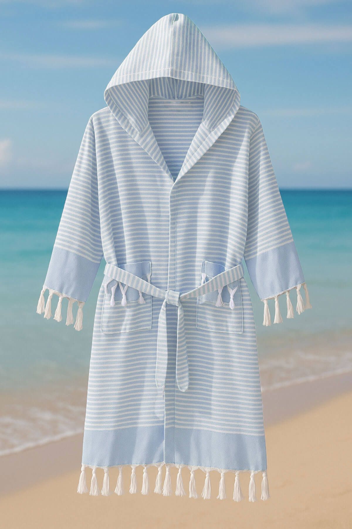 Mira Home Kapşonlu Unisex Peştemal Plaj Bornozu %100 Pamuklu Seaside Stripe