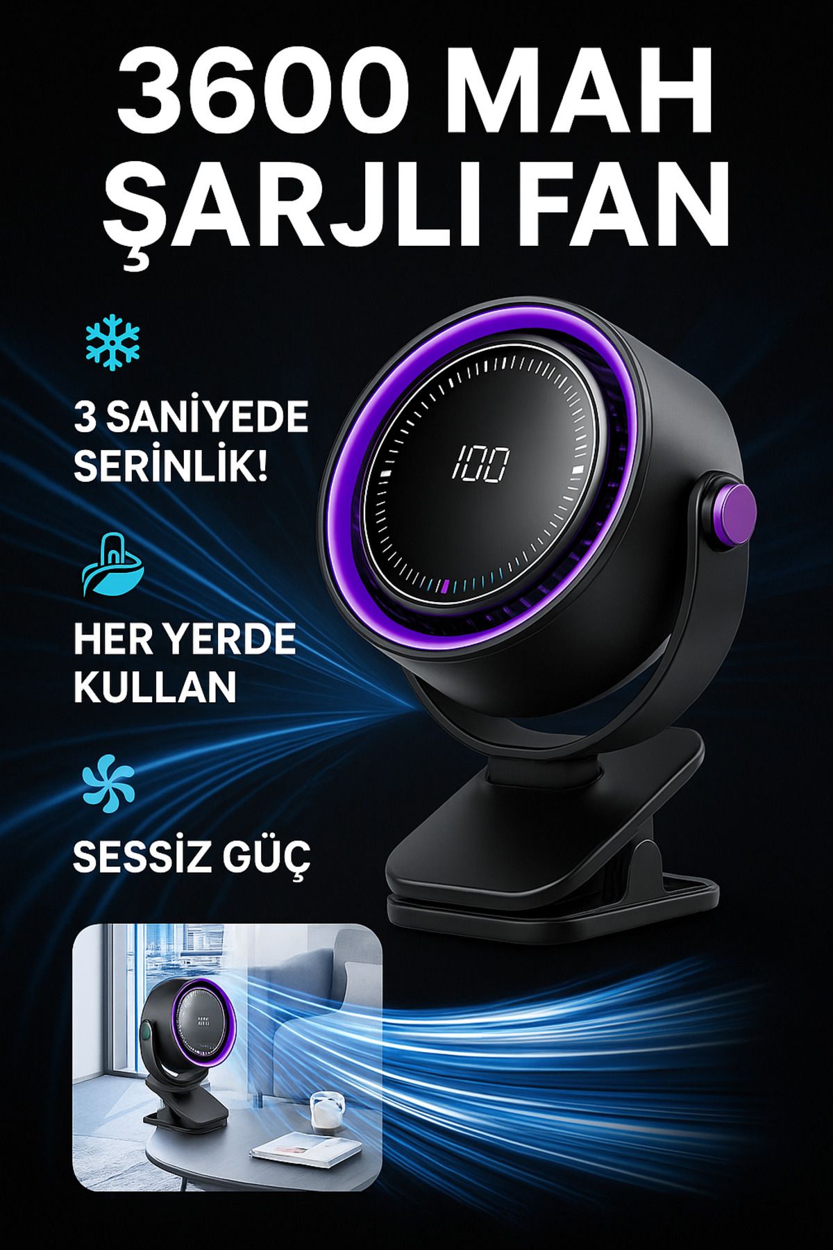 Happy Owl 3600 mAh Şarjlı Dijital Klipsli Masaüstü Fan Sessiz ve Taşınabilir Serinlik 360 Derece Dönebilen