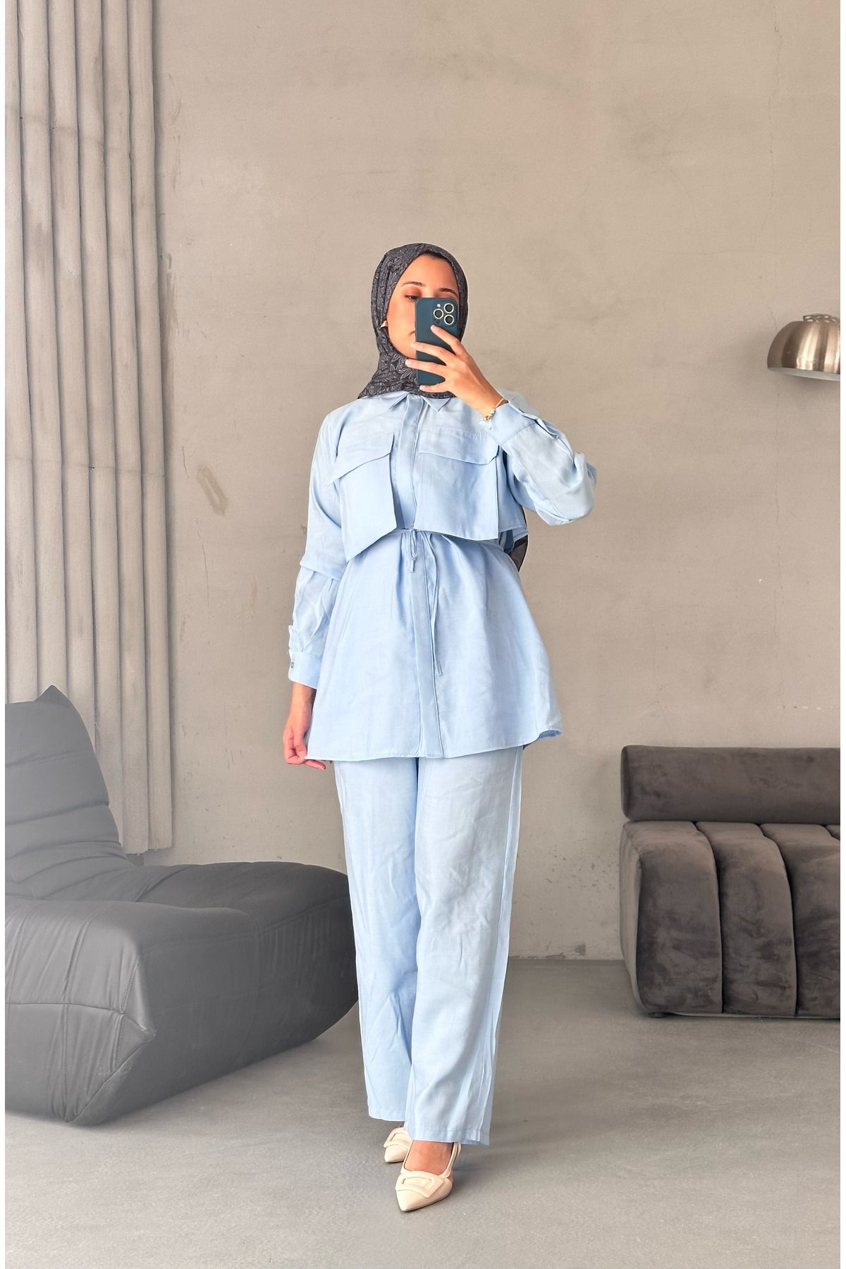 MODA Tesettüe Körük Cepli Pamuk Gömlek Pantalonlu Takım