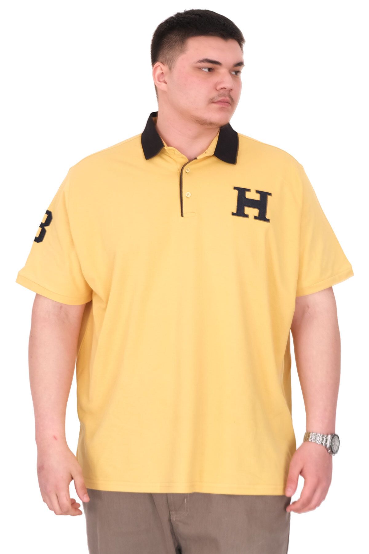 ModeXL Mode XL Büyük Beden Erkek T-Shirt Polo Yaka H BROUDED U25312 Hardal