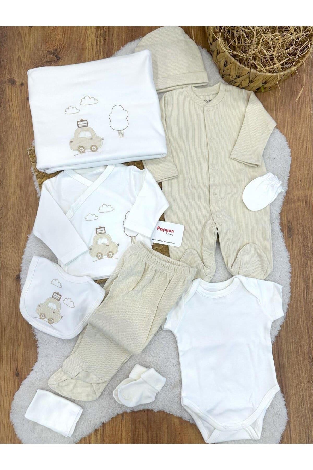 Papyon Baby Kids Bavullu Araba Nakışlı Yenidoğan Erkek Bebek 10lu Zıbın Set Hastane Çıkışı