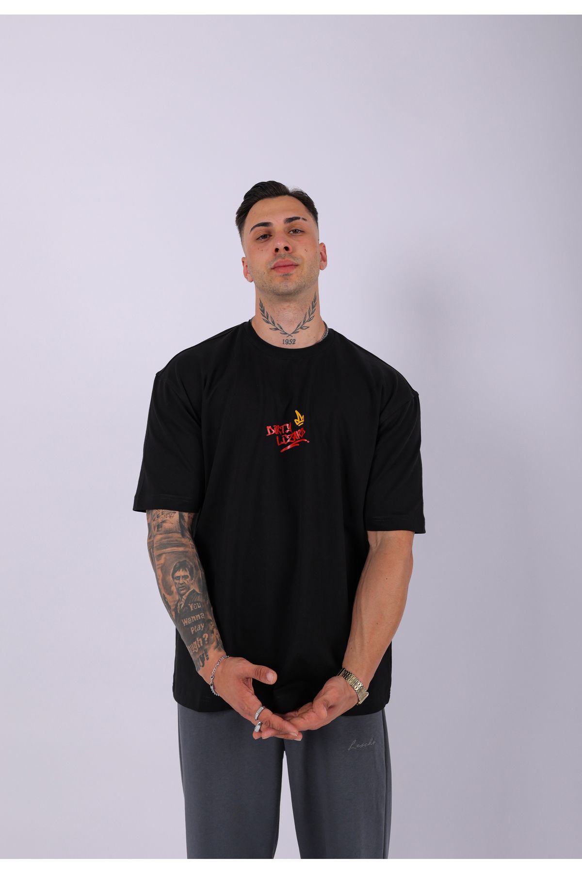 Lescho UNISEX DİRTY LİZART BASKILI OVERSIZE T-SHIRT SİYAH