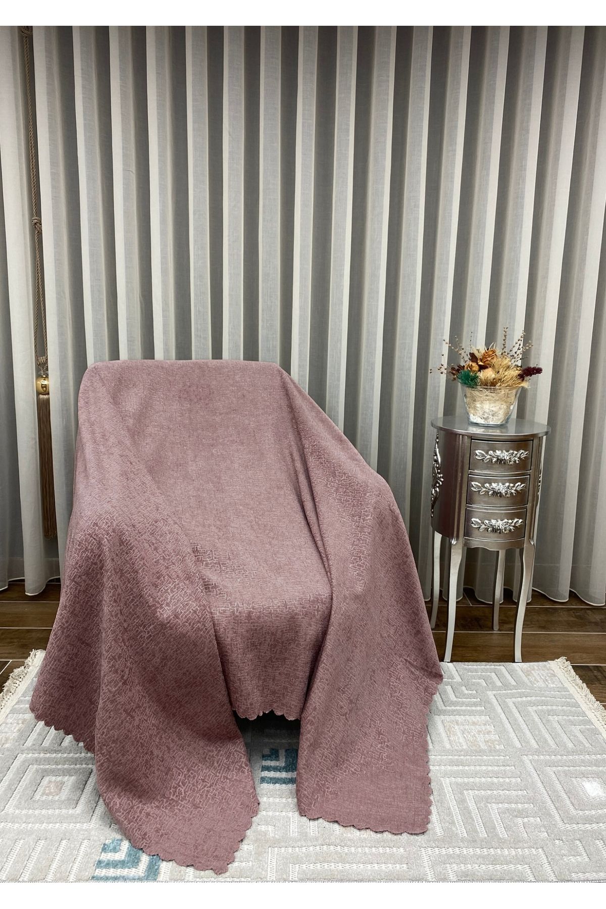Sivalde Şönil Gül Kurusu Modern Koltuk Örtüsü, Kaymaz Salon Çekyat/Kanepe Örtüsü