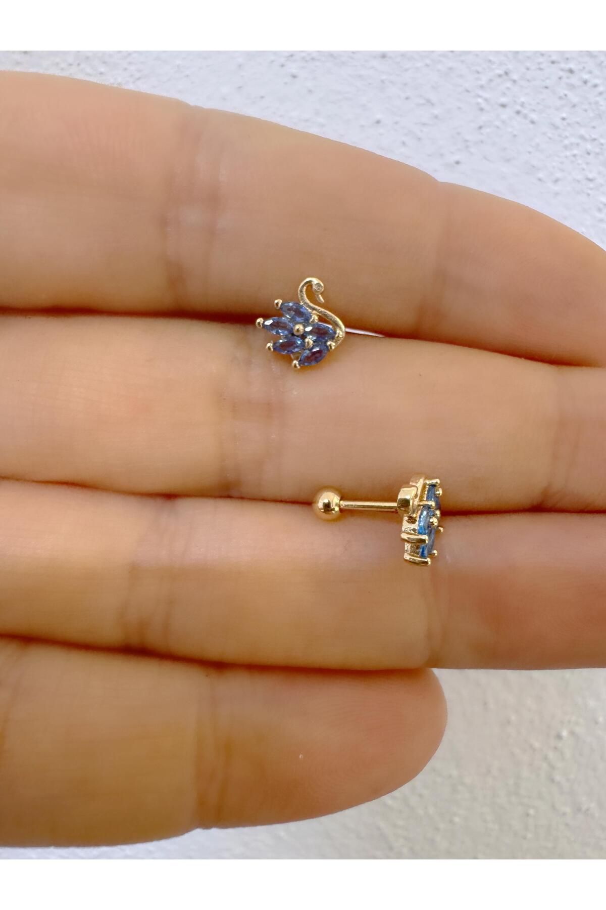 Arescollection 1 ADET MAVİ ZİRKON TAŞLI KUĞU TRAGUS HELİX KIKIRDAK LOBE UYUMLU PİERCİNG KÜPE