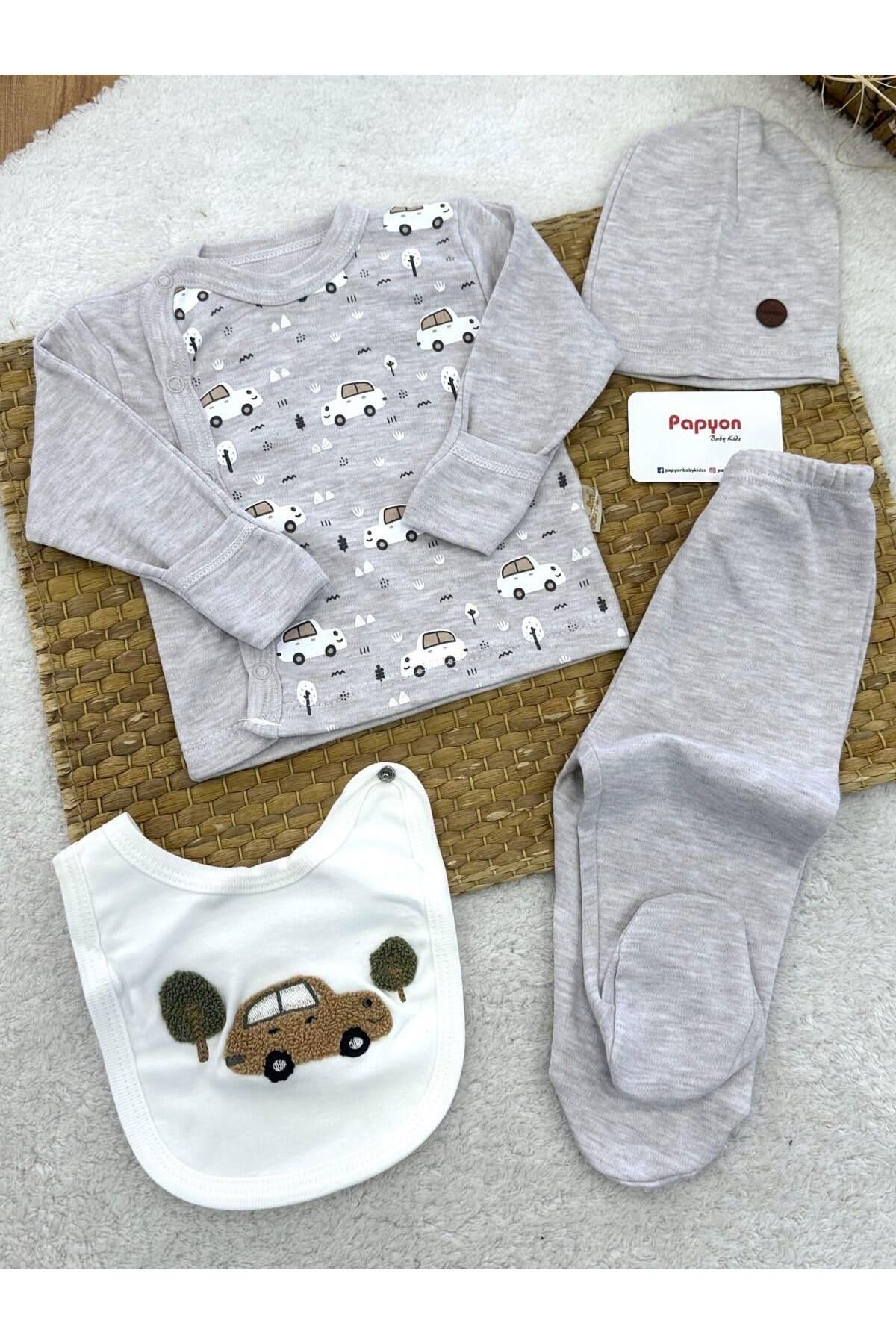 Papyon Baby Kids Araba Baskı Erkek Bebek 4lü Zıbın Set Hastane Çıkışı