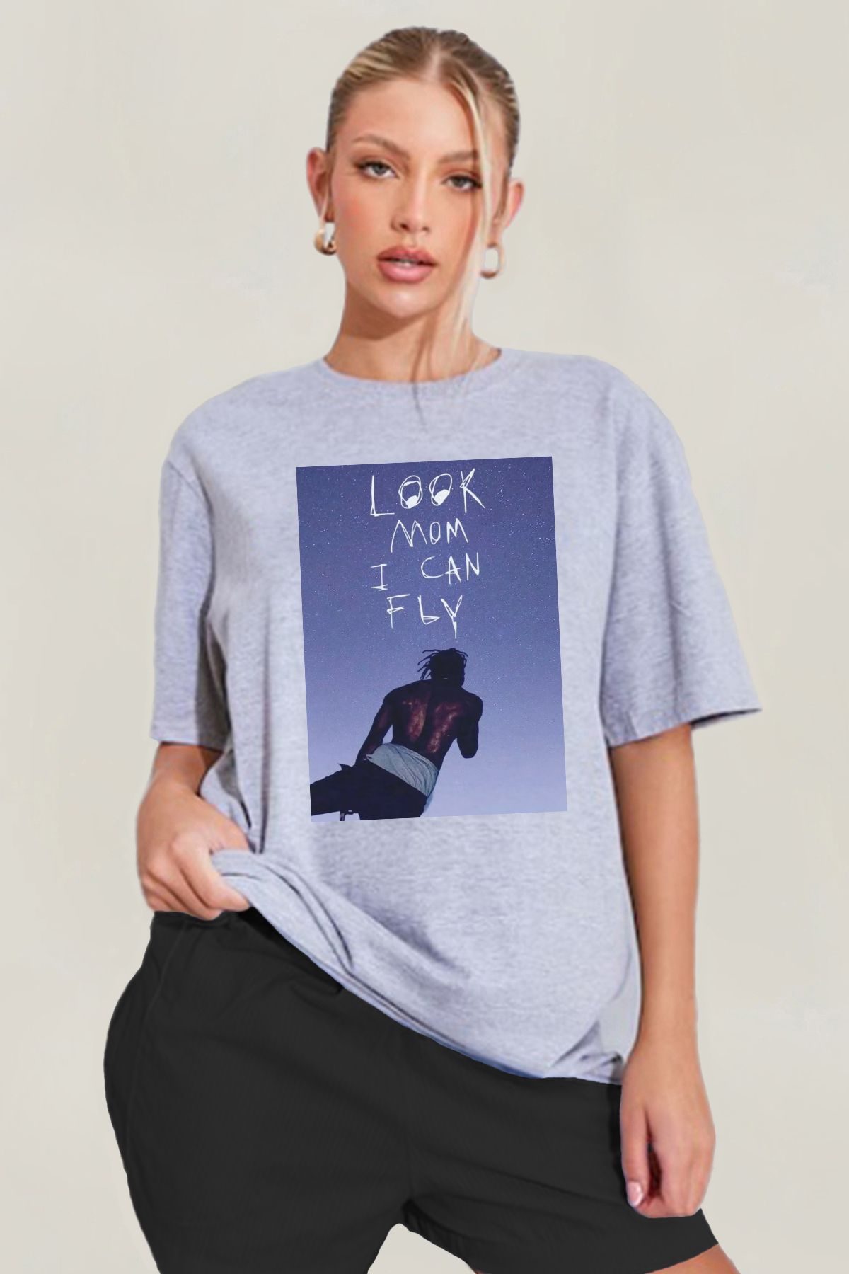 MODA Travis Scott Look Mom I Can Fly Baskılı Oversize Grimelanj Geniş Bol Kesim Kadın Tişört