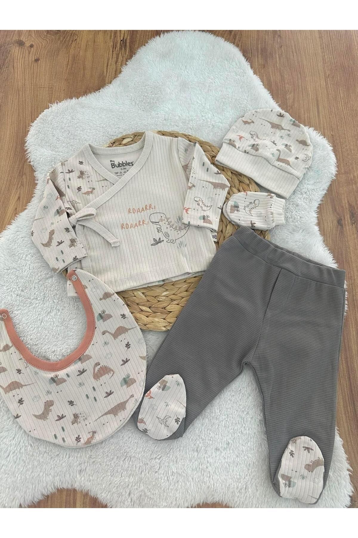 Papyon Baby Kids Dinozor Model Raporlu Yenidoğan Erkek Bebek 5li Zıbın Set Hastane Çıkışı
