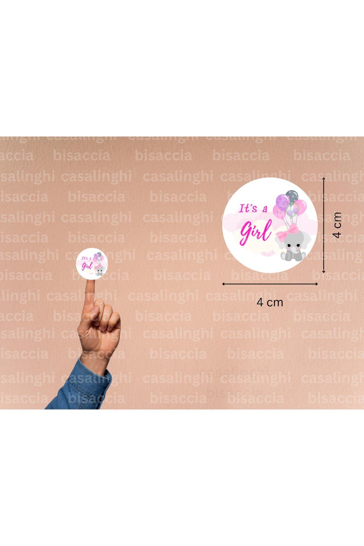 CASALINGHI İngilizce Kız Bebek Etiketi It is a Girl Cinsiyet Partisi Çocuk Pembe Fil Mat Sticker 4 Cm (90 Adet)