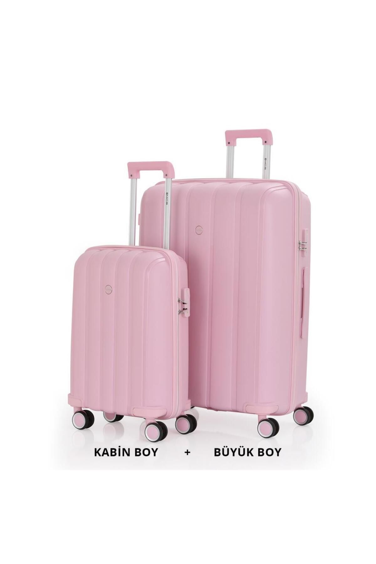 MÇS Bavul Büyük ve Kabin 2li Set Kırılmaz Silikon Valiz V305 Pudra