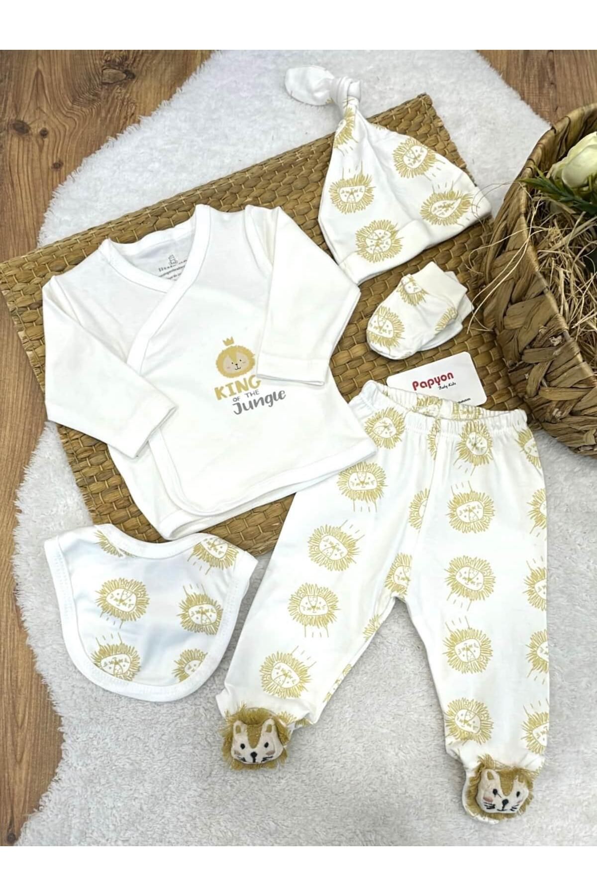 Papyon Baby Kids Aslanlı Model Yenidoğan Erkek Bebek 5li Zıbın Set Hastane Çıkışı