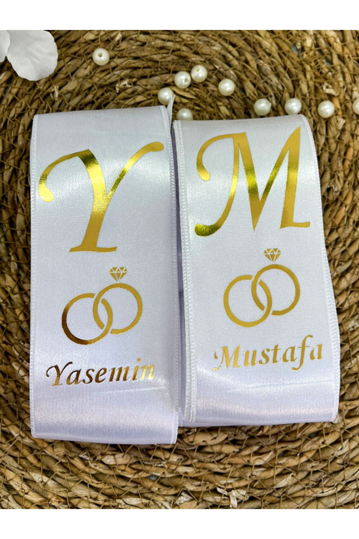 imzatasarım Kişiye Özel Gold Baskılı Alyans Modeli Takı Kurdelesi 6 Cm Eninde 2 Adet Tek Uca Baskı (Tarihsiz)
