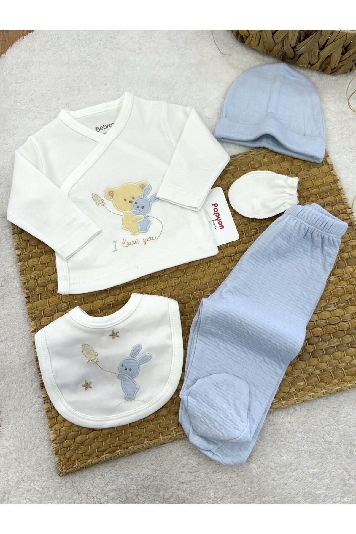 Papyon Baby Kids Sevimli Ayıcık Tavşan Nakışlı Yenidoğan Erkek Bebek 5li Zıbın Set
