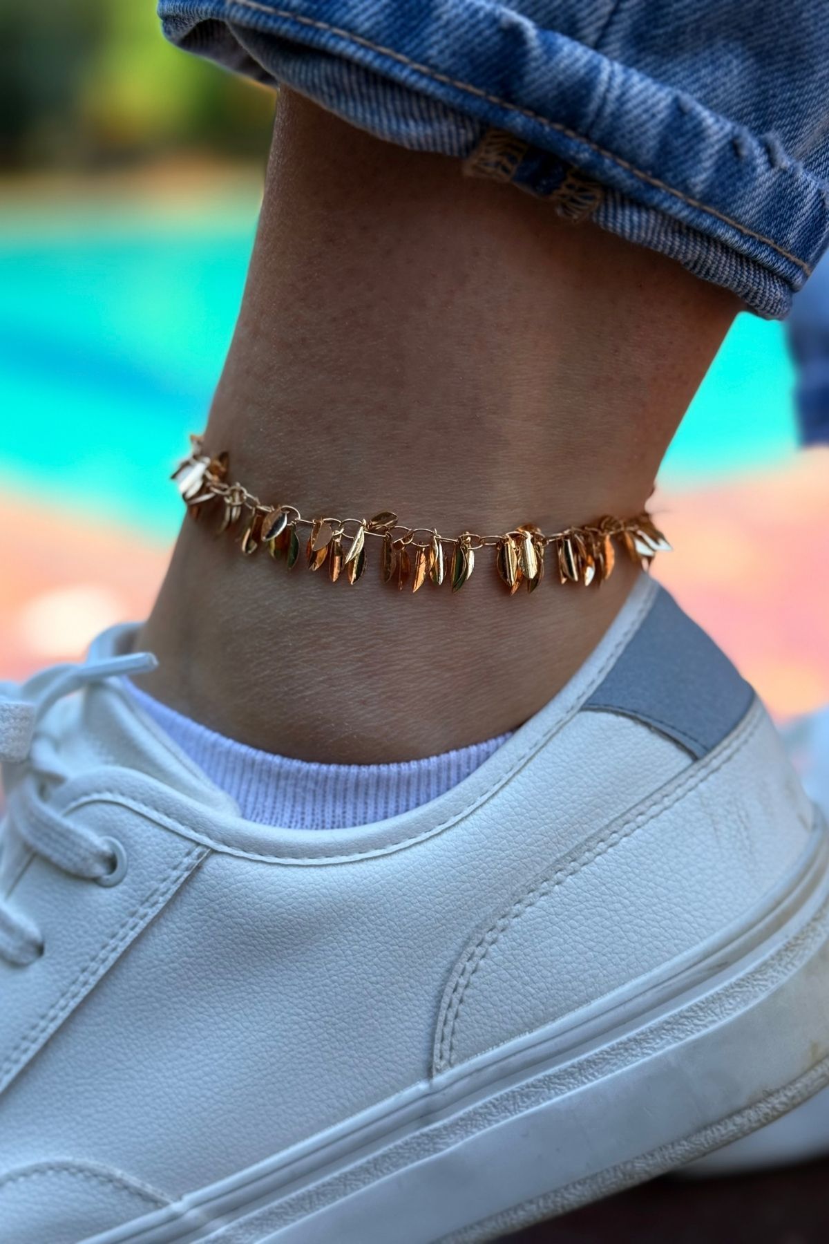 Trendy Butik Rosegold Yaprak Sallantılı Halhal - Dans Eden Işık