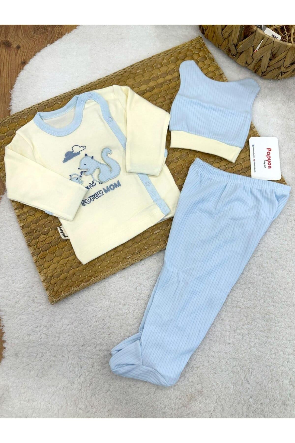 Papyon Baby Kids Sincap Aplike Nakışlı Kendinden Eldivenli Yenidoğan Erkek Bebek 3lü Zıbın Takım 0-3 Ay