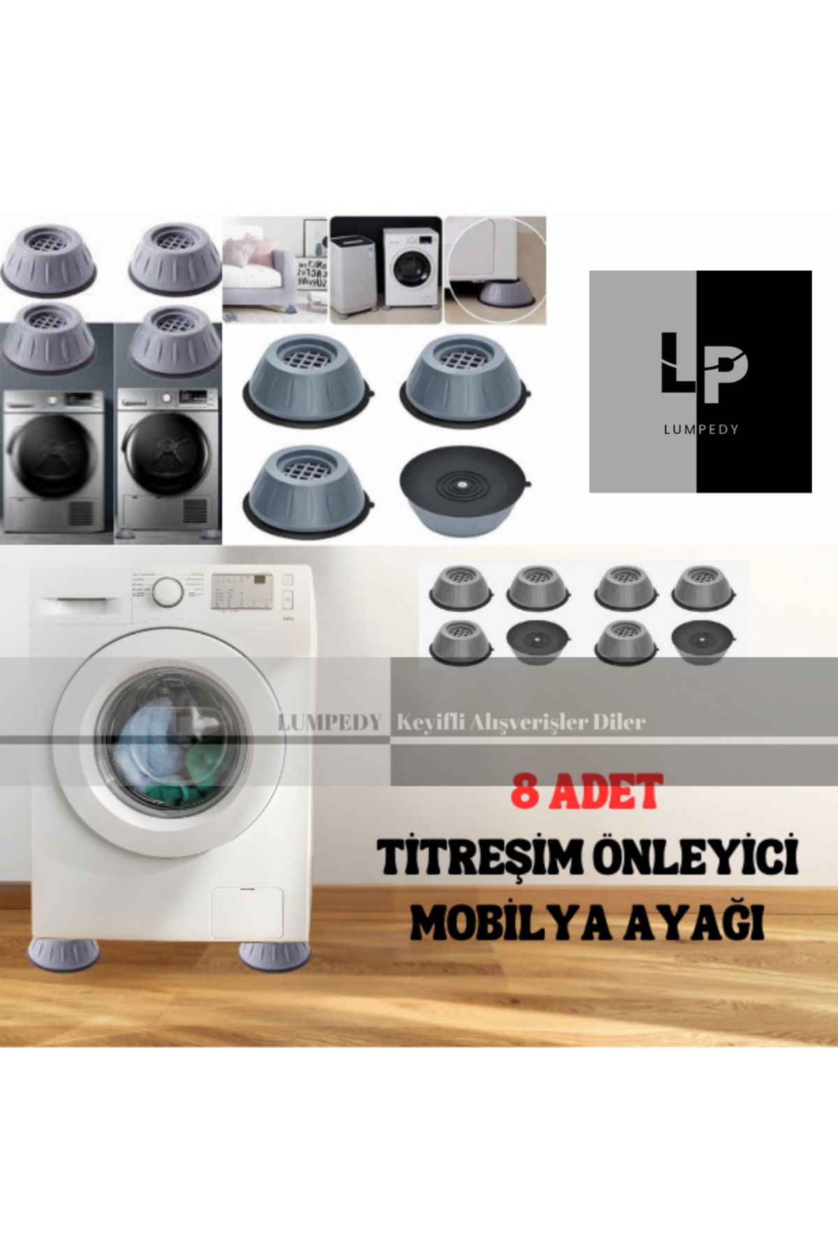 Lumpedy Beyaz Eşya Altlığı Ayağı 8 Adet Çamaşır Bulaşık Makinası Buzdolabı Yükseltici ve Titreşim Önleyici