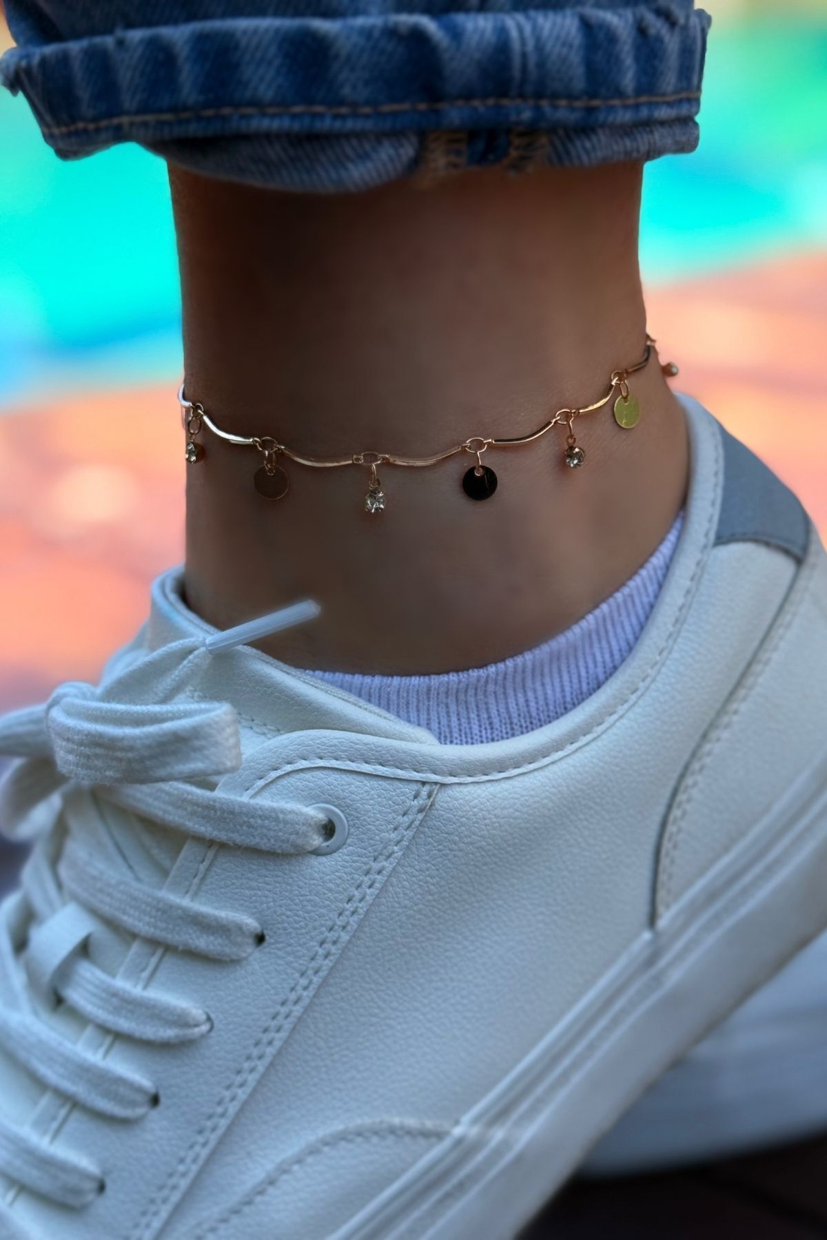 Trendy Butik Rosegold Zirkon Taşlı ve Pul Sallantılı Halhal