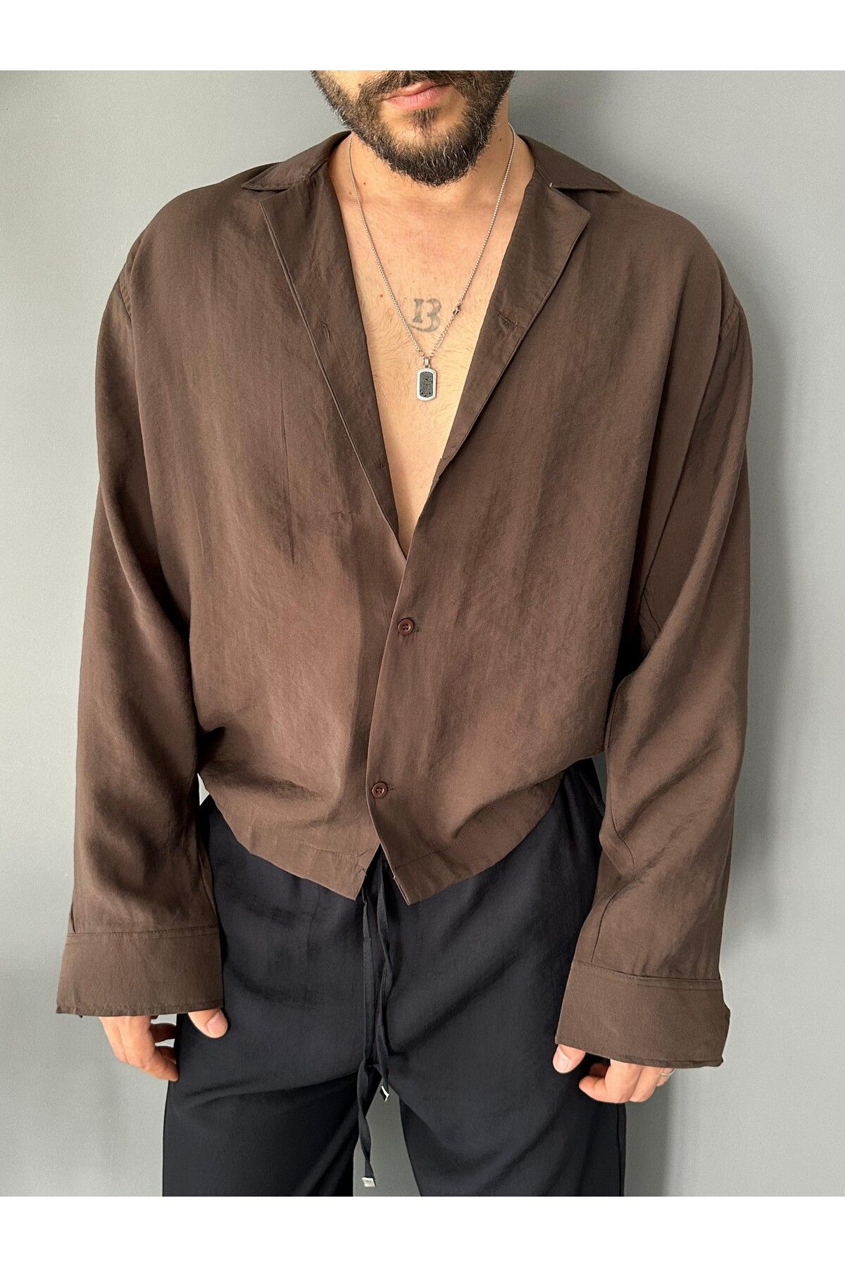 THEMANN Apaş Yakalı Modal Kumaş Kahve Oversize Gömlek