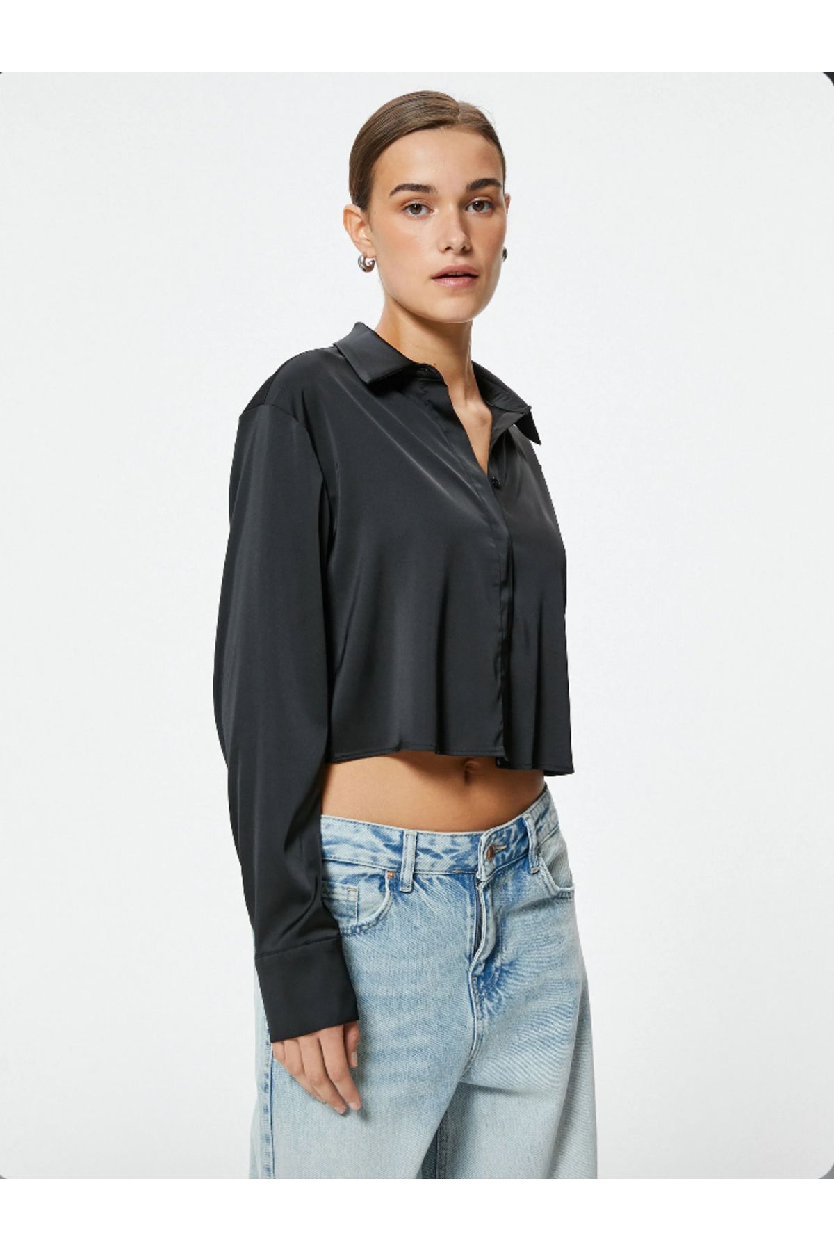 MODA Crop Siyah Uzun Kollu Saten Gömlek