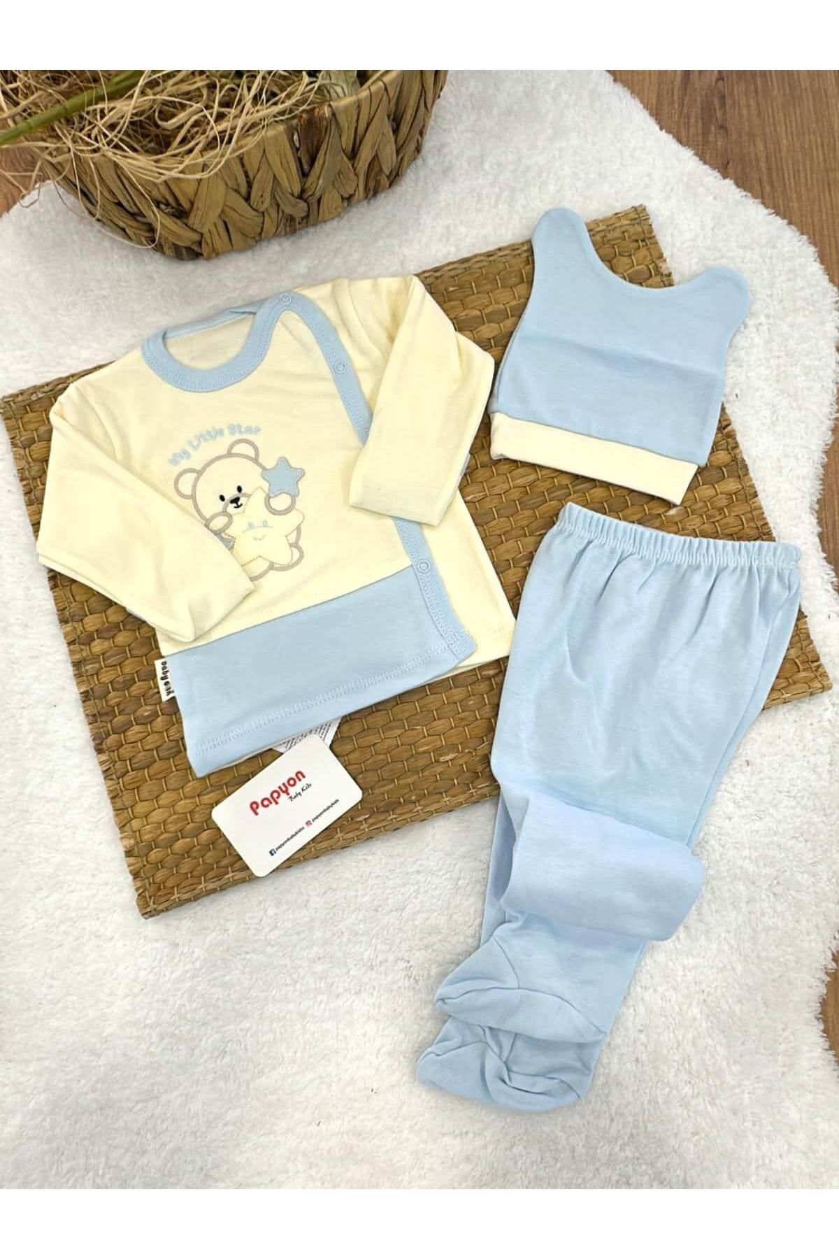 Papyon Baby Kids Yıldızlı Ayıcık Nakışlı Kendinden Eldivenli Yenidoğan Erkek Bebek 3lü Zıbın Set 0-3 Ay