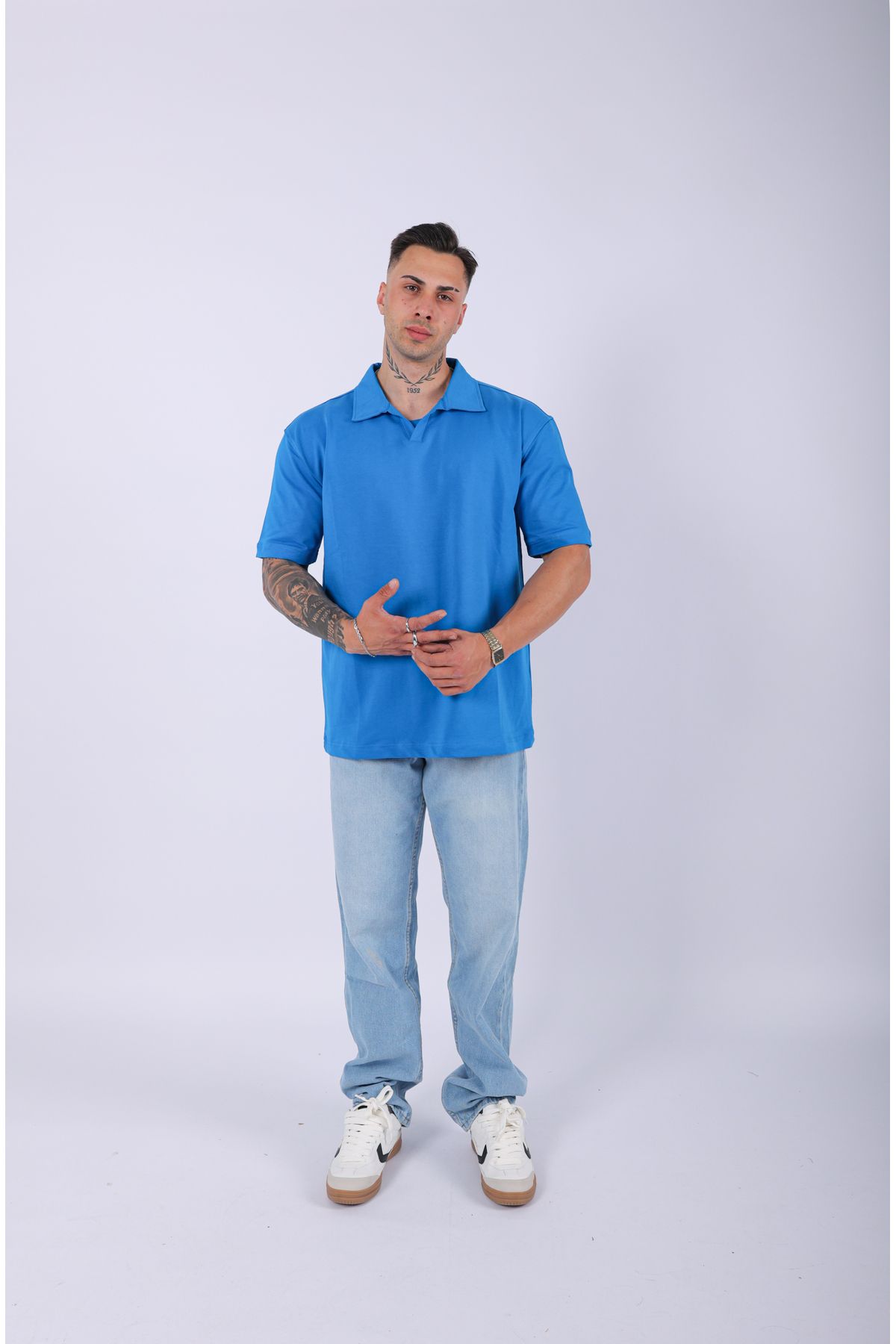 Lescho UNISEX POLO YAKA DÜZ MAVİ OVERSIZE T-SHIRT