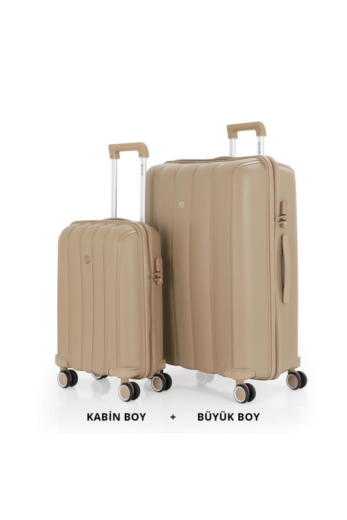 MÇS Bavul Büyük ve Kabin 2li Set Kırılmaz Silikon Valiz V305 Şampanya