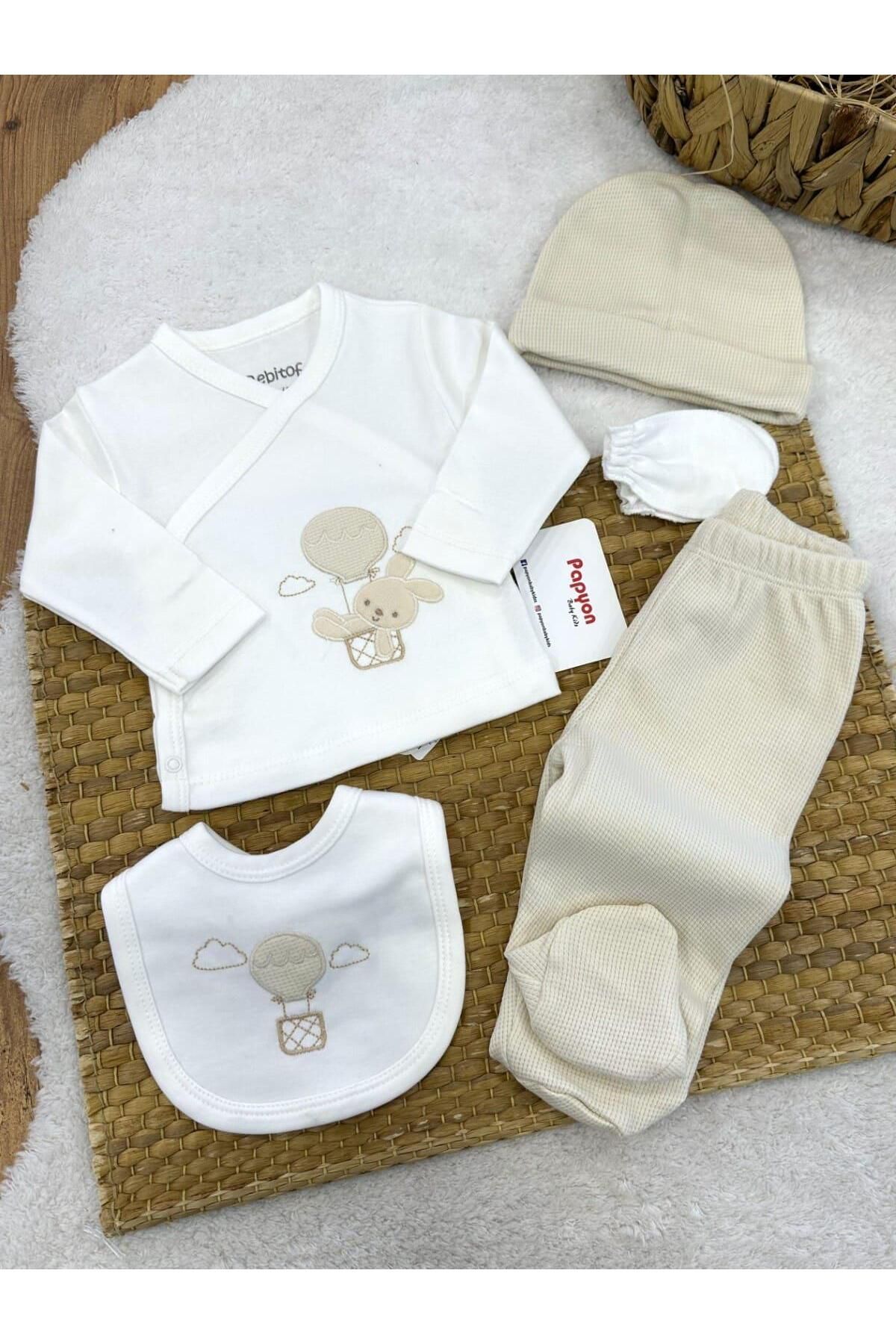Papyon Baby Kids Balonlu Ayıcık Nakışlı Yenidoğan Uniseks Bebek 5li Zıbın Set