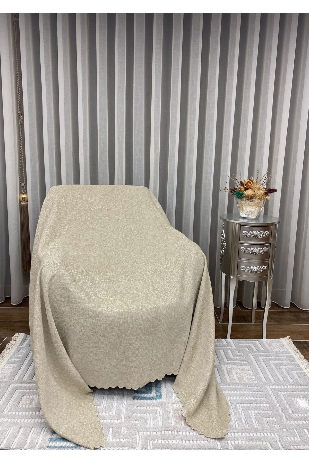 Sivalde Şönil Açık Vizon Modern Koltuk Örtüsü, Kaymaz Salon Çekyat/Kanepe Örtüsü