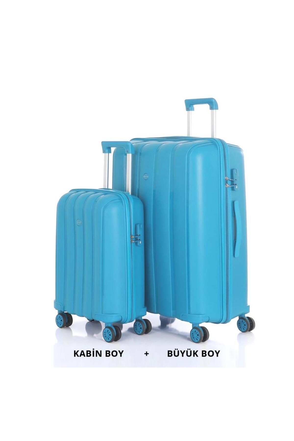 MÇS Bavul Büyük ve Kabin 2li Set Kırılmaz Silikon Valiz V305 AçıkMavi