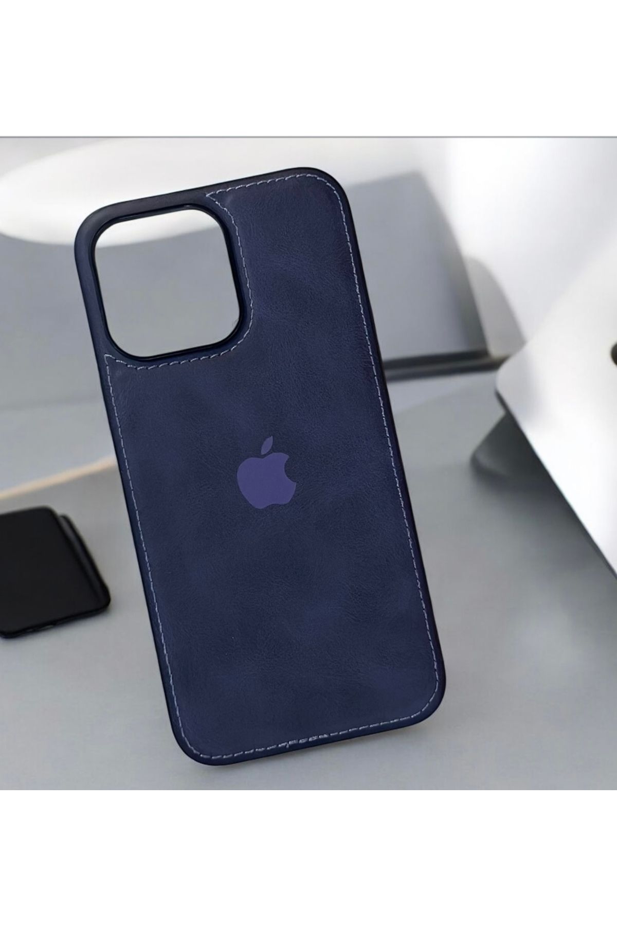 shop İPhone 14 Pro Max Logolu Deri İçi Kadife Mor Cep Telefonu Kılıfı