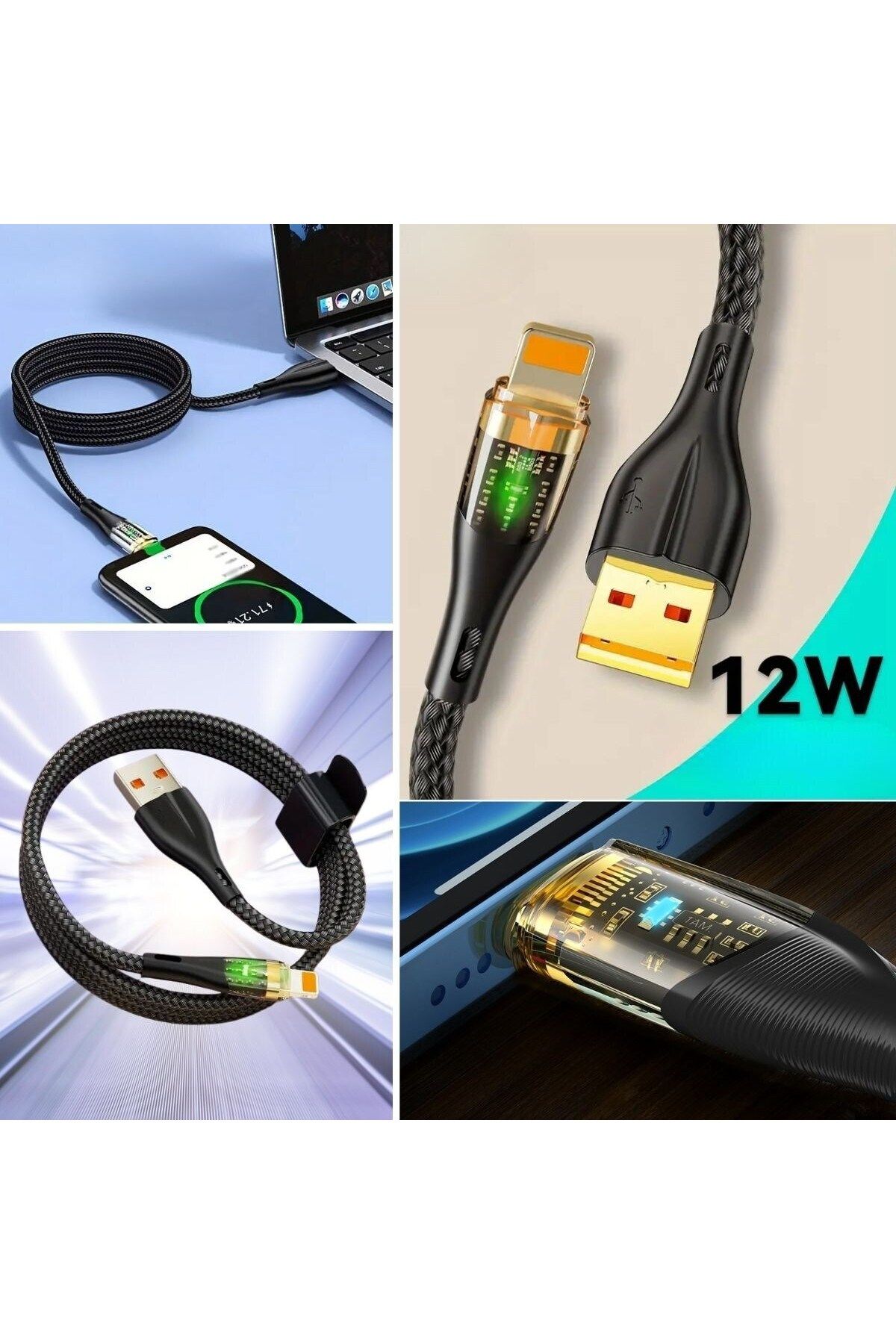 Vemora Led Işık Uçlu Sağlam İp Kablolu USB to Lightning Hızlı Şarj Kablosu (5166)