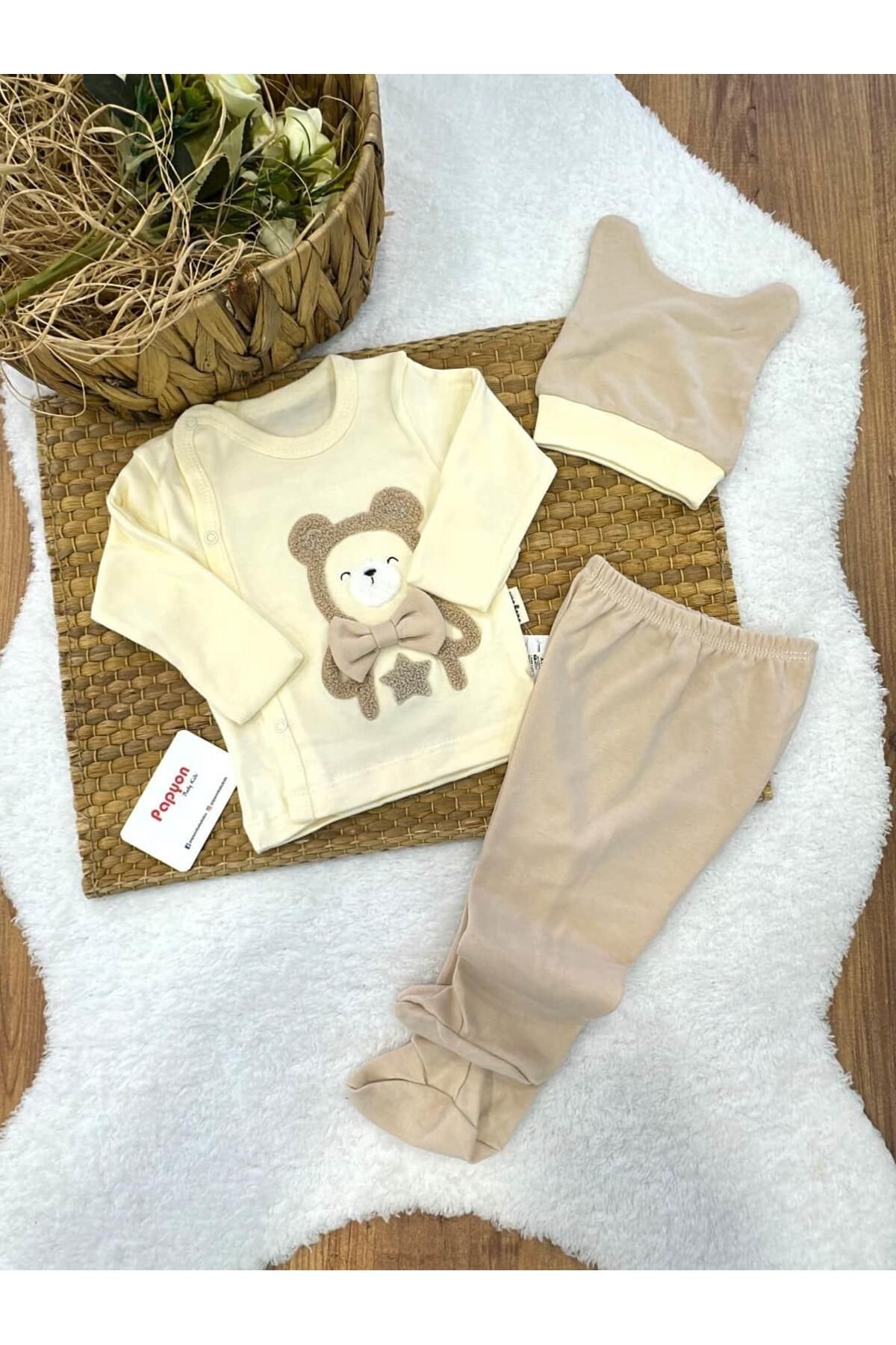 Papyon Baby Kids Süzene Ayıcık Nakışlı Kendinden Eldivenli Yenidoğan Erkek Bebek 3lü Zıbın Set 0-3 Ay (Video Açıklama