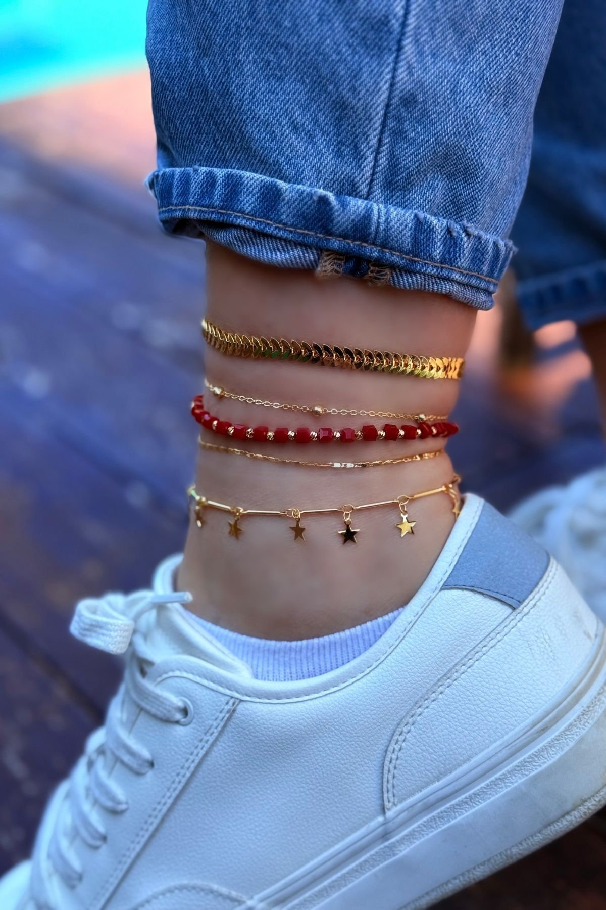 Trendy Butik Parlayan 5'li Halhal Seti - 02 Gold-Bordo Kristal