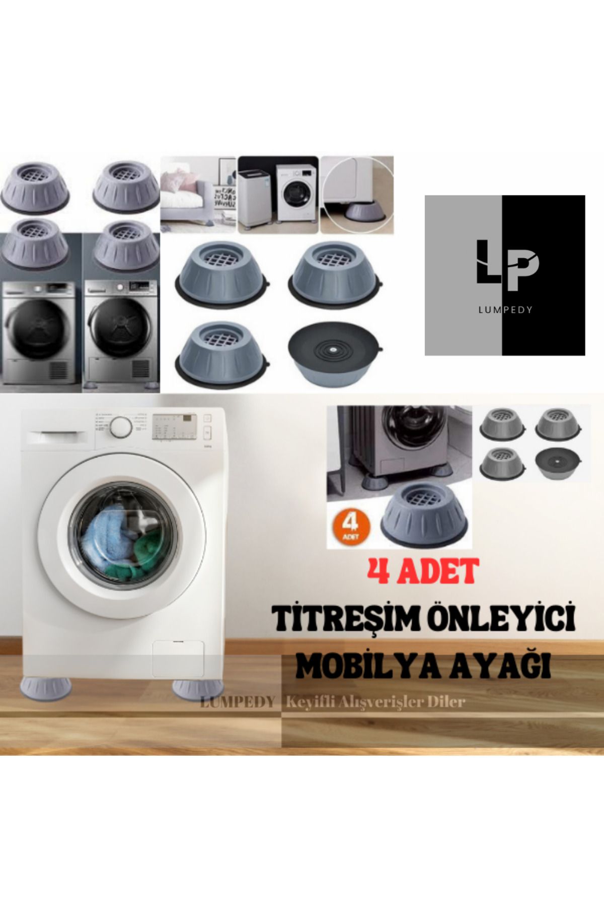 Lumpedy Beyaz Eşya Altlığı Ayağı 4 Adet Çamaşır Bulaşık Makinası Buzdolabı Yükseltici ve Titreşim Önleyici