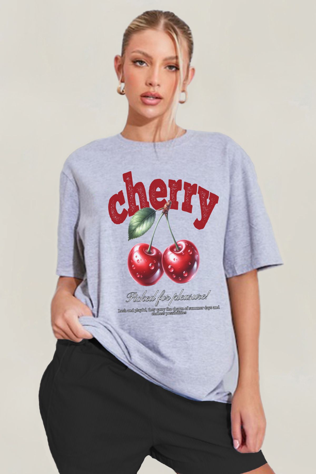 MODA Cherry Vişne Kiraz Baskılı Oversize Grimelanj Geniş Bol Kesim Kadın Tişört