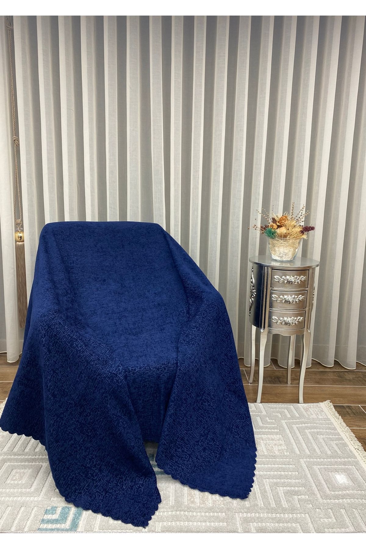 Sivalde Şönil Lacivert Modern Koltuk Örtüsü, Kaymaz Salon Çekyat/Kanepe Örtüsü