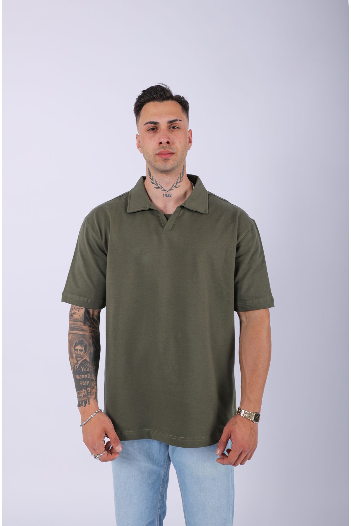 Lescho UNISEX POLO YAKA DÜZ HAKİ OVERSIZE T-SHIRT