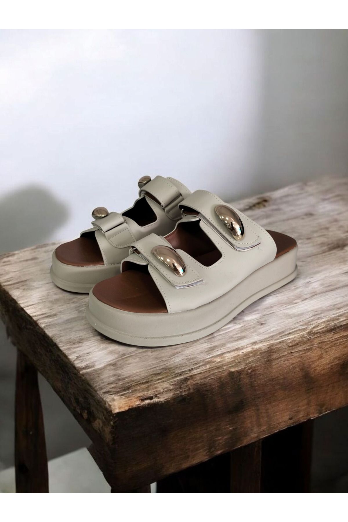 Shoes Ayarlanabilir çırtlı krem mat terlik