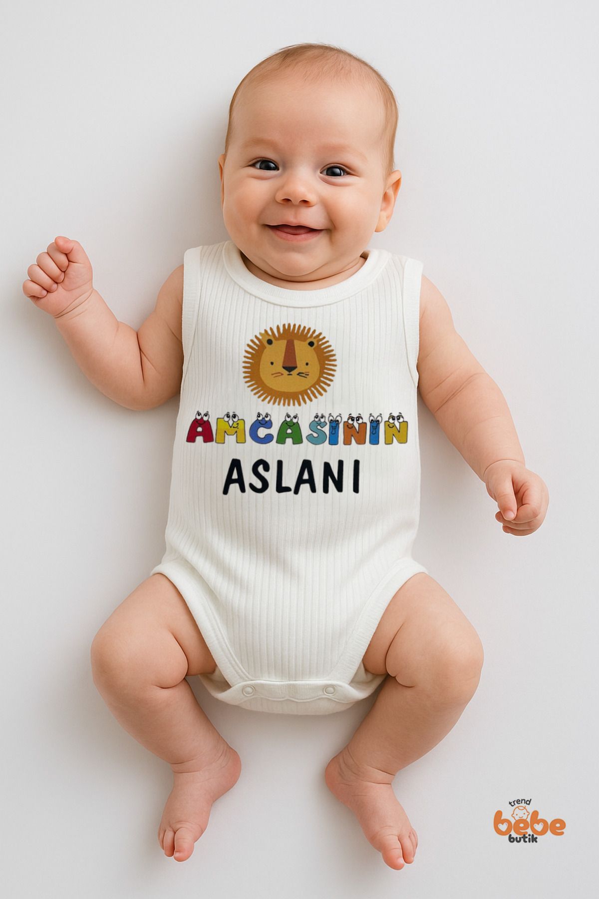 Trend Bebe Butik Amcasının Aslanı Yazılı Erkek Bebek Çıtçıtlı Zıbın Body | 6-36 Ay | %100 Pamuk Yazlık Atlet Tulum