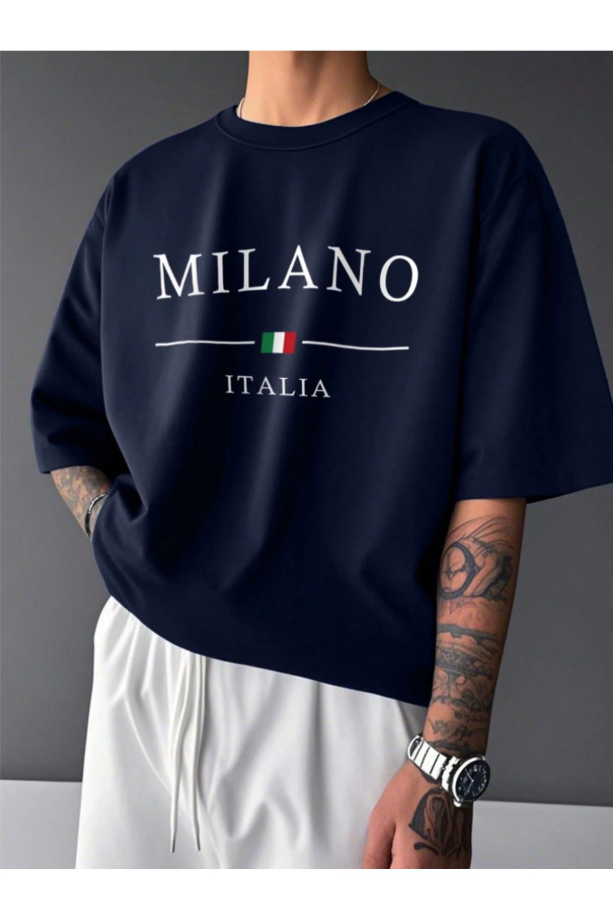 Tarzsokak Unisex Erkek/Kadın MILANO Özel Baskılı Oversize Pamuklu Bisiklet Yaka